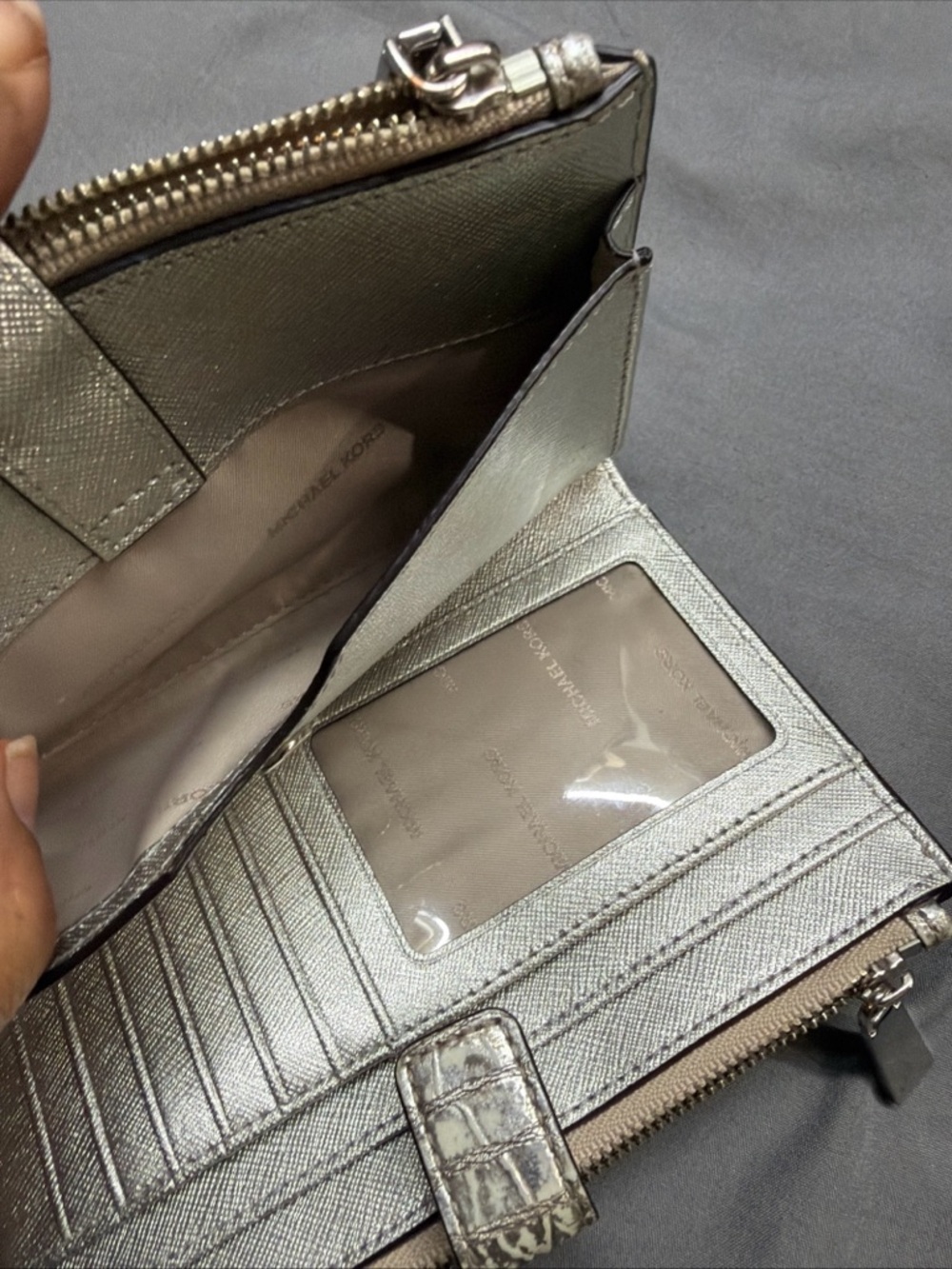 Michael Kors Metallic silver patent leather Croc-Embossed Zip Wallet clutch - Picture 10 of 16